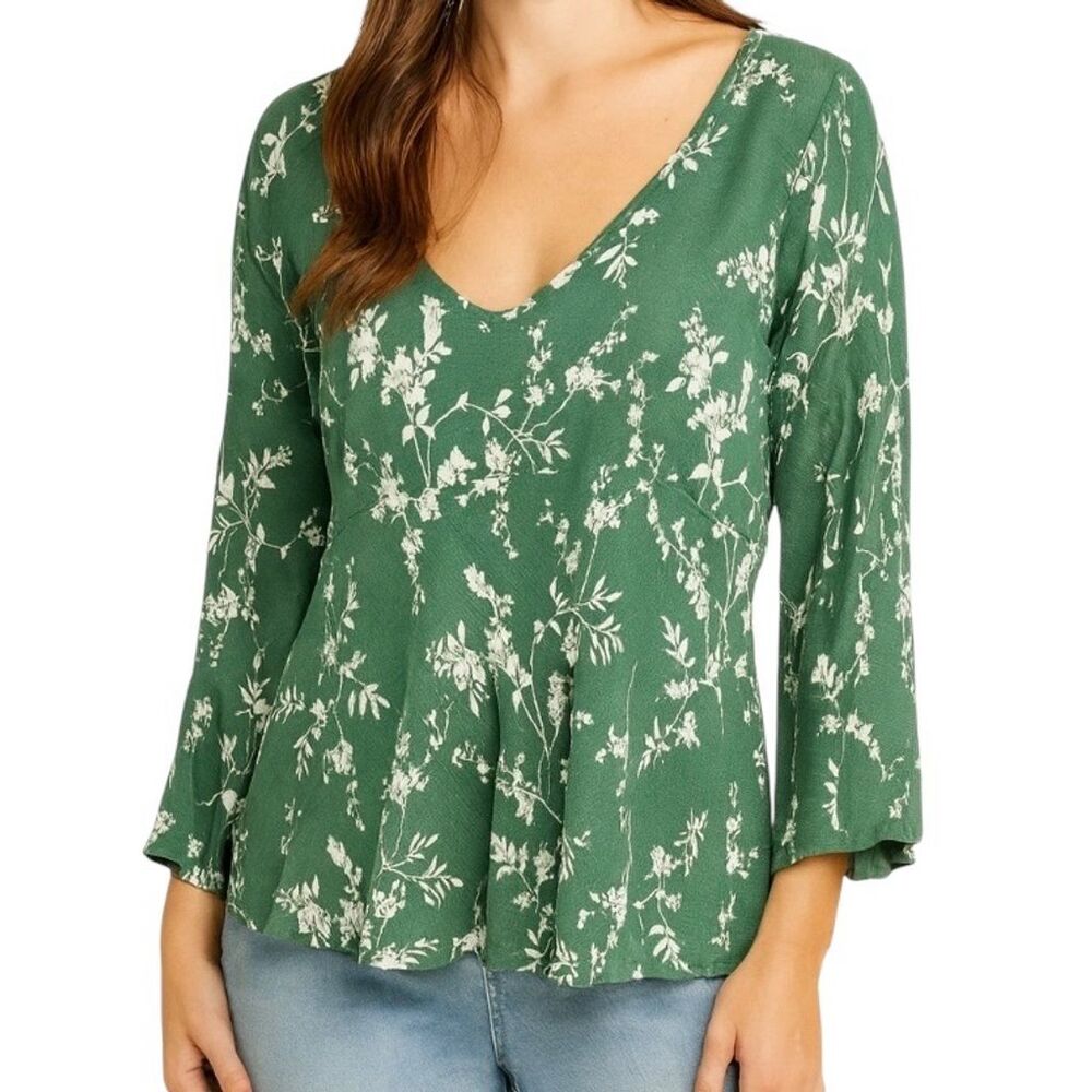 Rachel Zoe Green Wildflower Print Floral V-Neck Flowy Peasant Blouse Size L